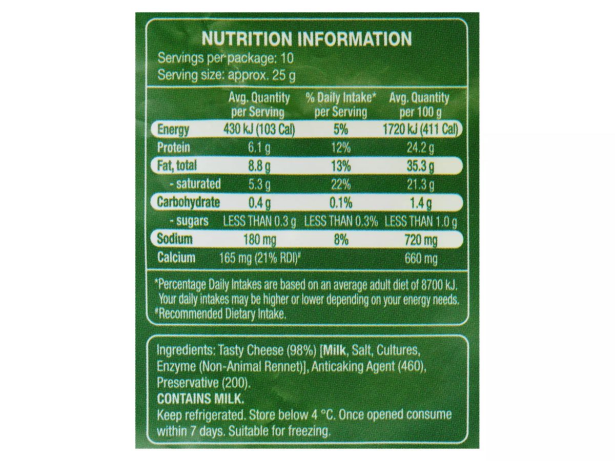 Pack photograph of WESTACRE DAIRY Tasty Shredded Cheese 250g showing the printed nutrition panel