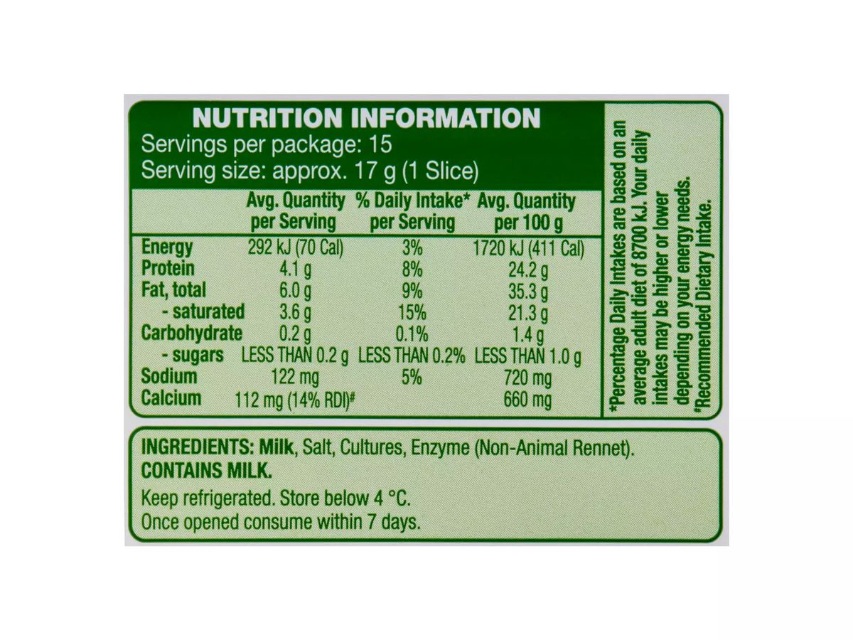 Pack photograph of WESTACRE Tasty Cheese Slices 250g showing the printed nutrition panel