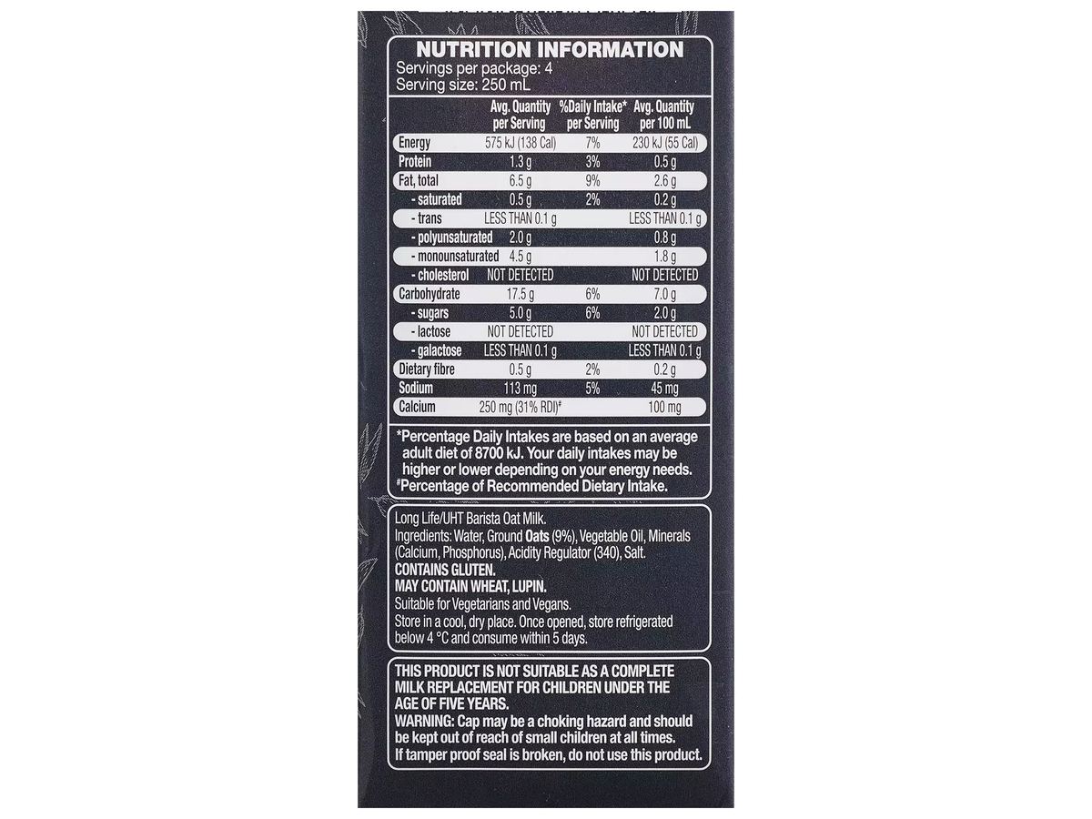 Pack photograph of INNER GOODNESS Barista Oat Milk 1L showing the printed nutrition panel