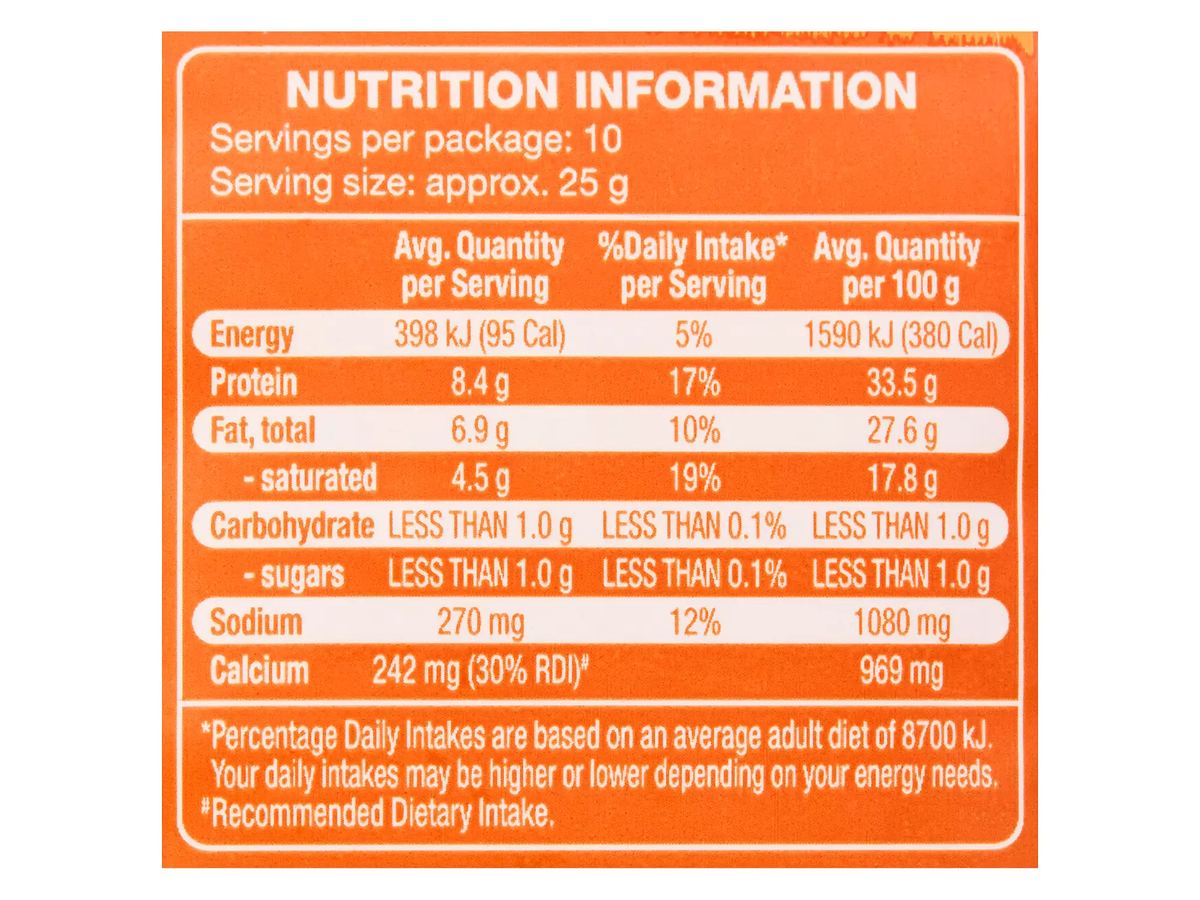 Pack photograph of WESTACRE DAIRY Shredded Parmesan Cheese 250g showing the printed nutrition panel