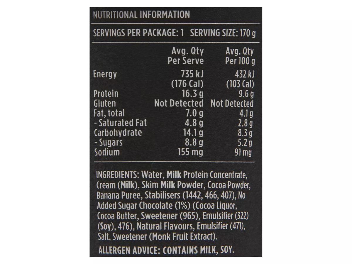 Pack photograph of WICKED SISTER FINE FOODS High Protein Chocolate Pudding 170g showing the printed nutrition panel