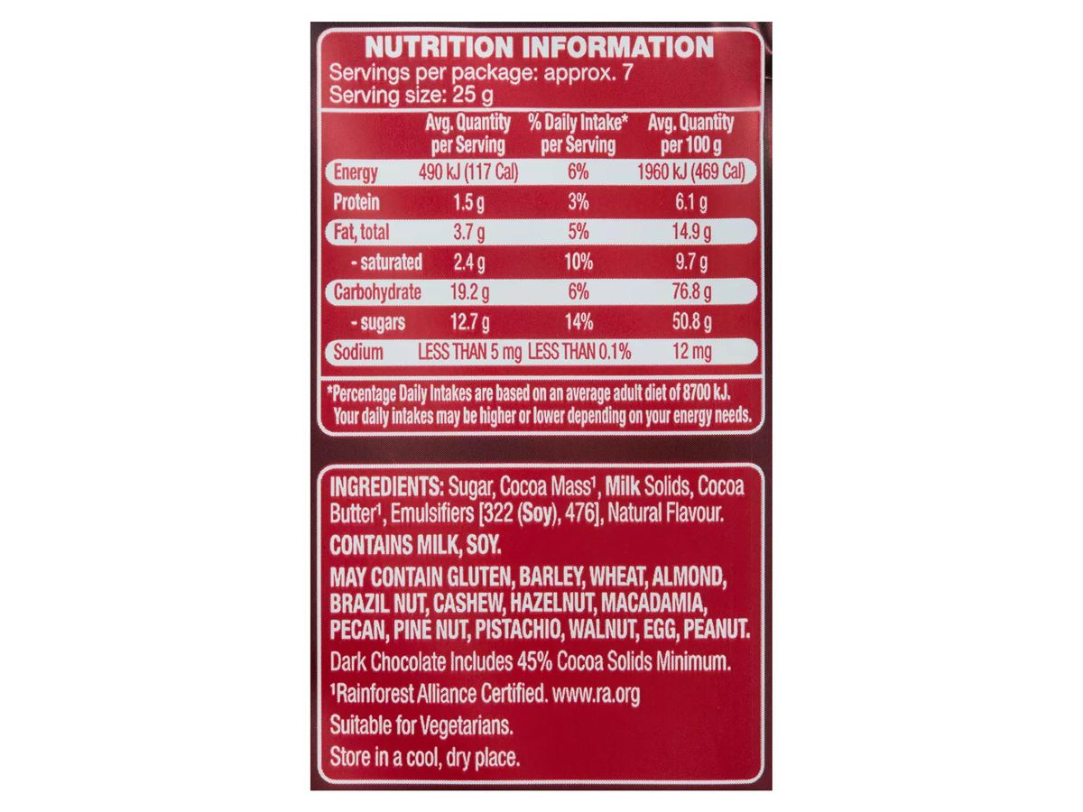 Pack photograph of DAIRY FINE Dark Chocolate Block 180g showing the printed nutrition panel