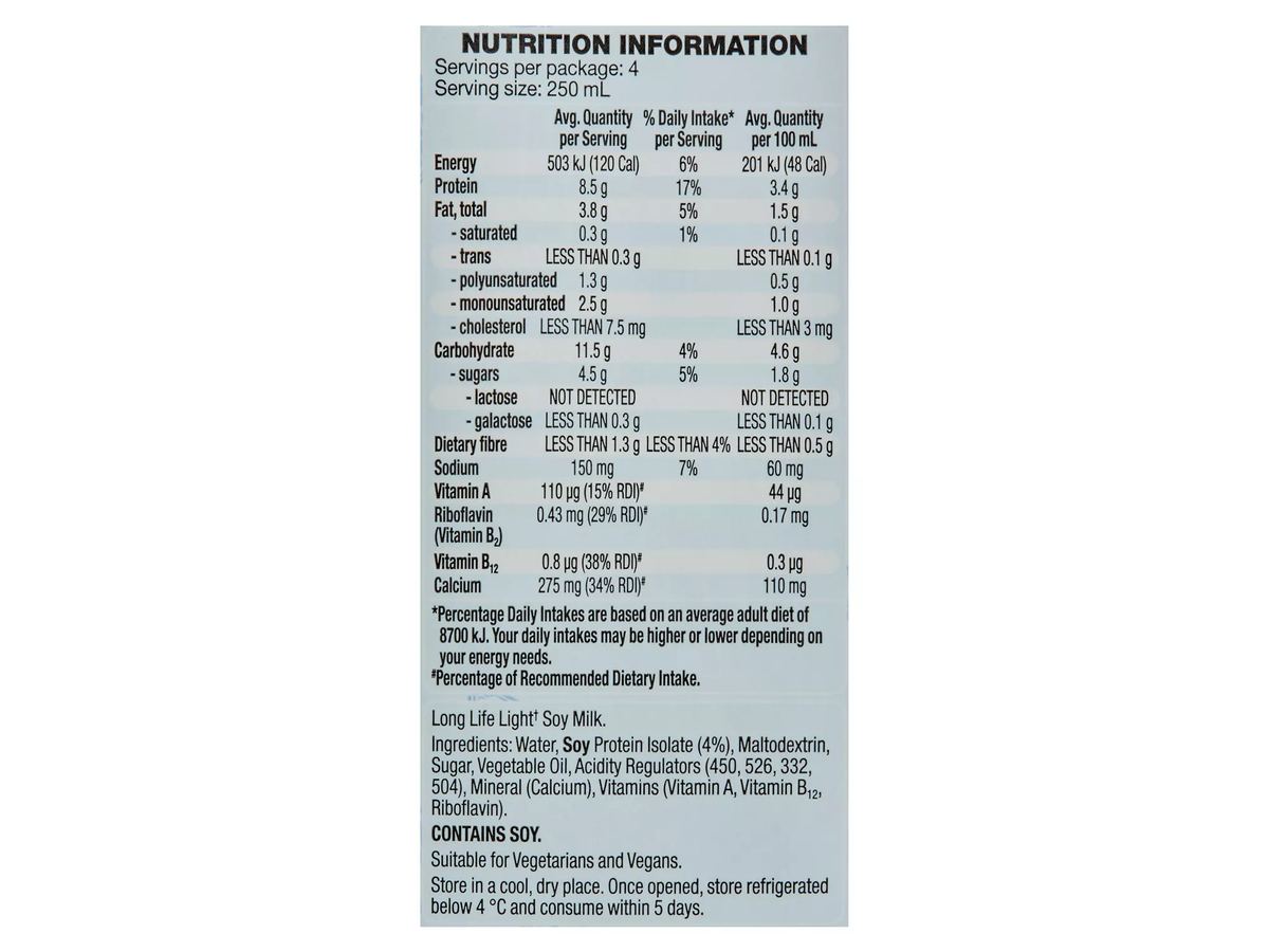 Pack photograph of INNER GOODNESS Soy Light Milk 1L showing the printed nutrition panel
