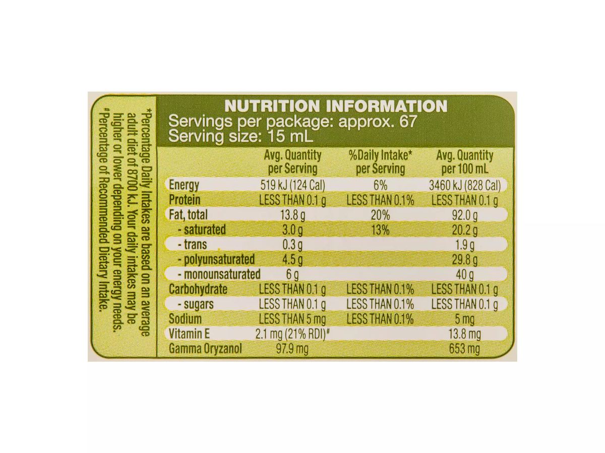 Pack photograph of PURE VITA Rice Bran Oil 1L showing the printed nutrition panel