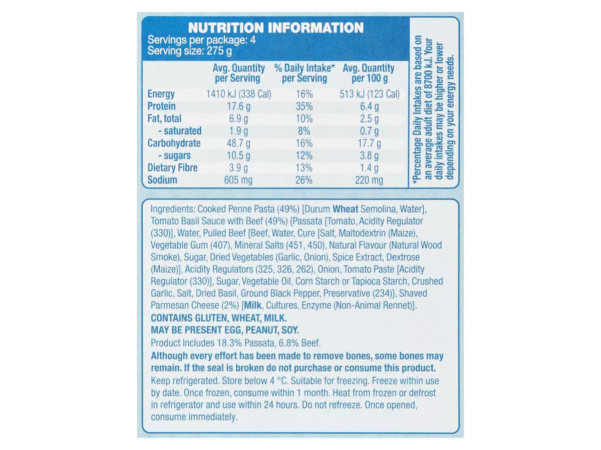 Pack photograph of WORLD KITCHEN Pulled Beef With Penne 1.1kg showing the printed nutrition panel
