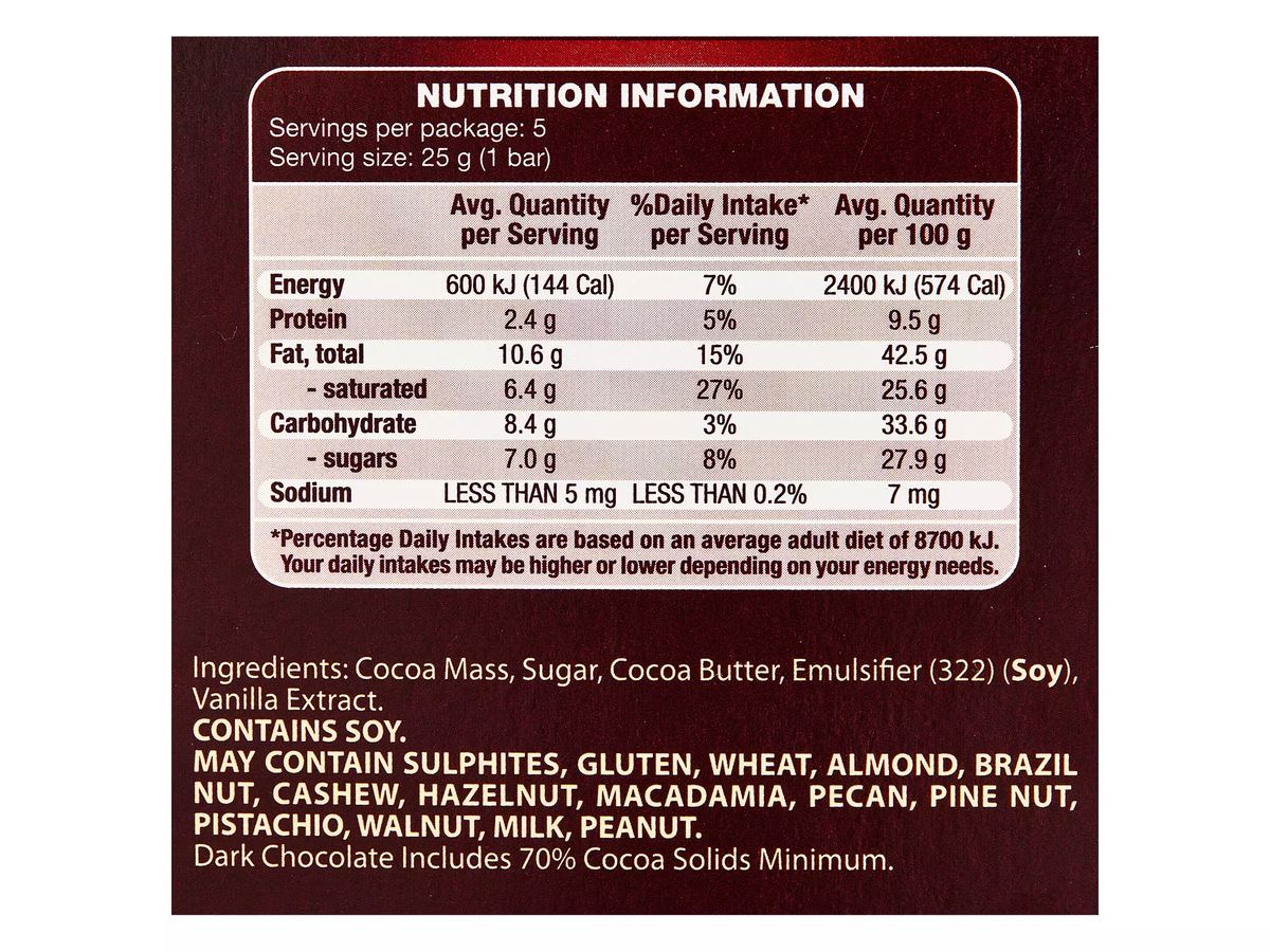 Pack photograph of MOSER ROTH Dark Chocolate 70% Cocoa 5 Pack 125g showing the printed nutrition panel