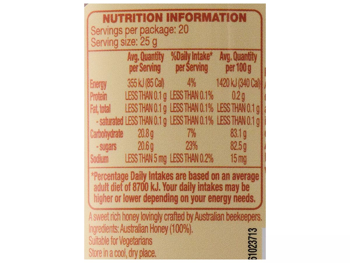 Pack photograph of BRAMWELLS Australian Honey 500g showing the printed nutrition panel