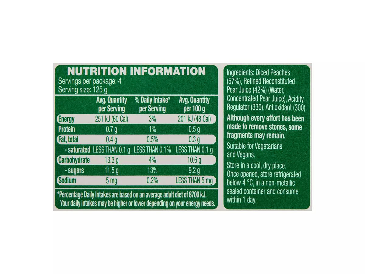 Pack photograph of SWEET VALLEY Diced Peaches in Juice 4 Pack 125g showing the printed nutrition panel