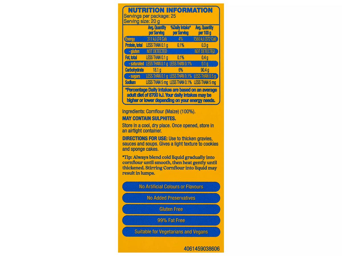 Pack photograph of WHITE MILL Cornflour 500g showing the printed nutrition panel
