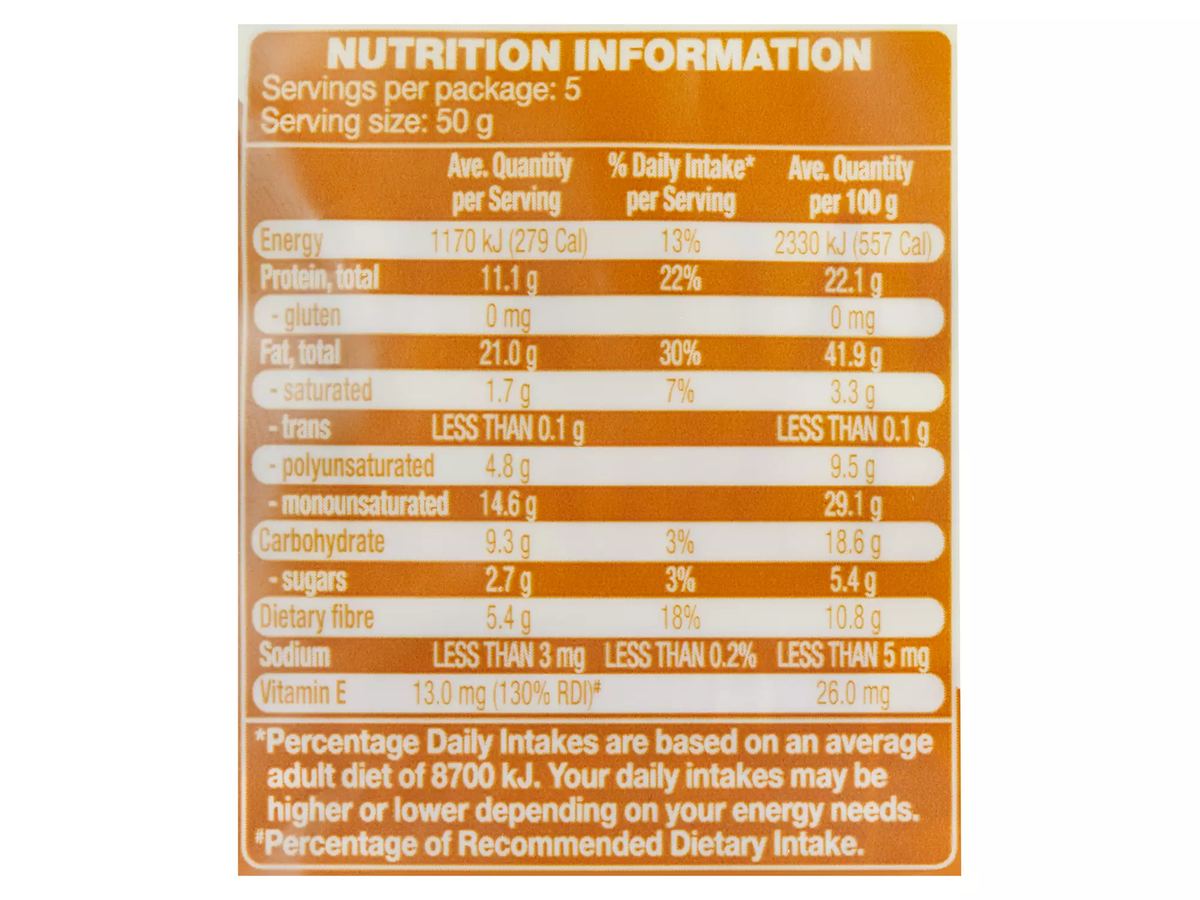 Pack photograph of OH SO NATURAL WHOLEFOODS Natural Almonds 250g showing the printed nutrition panel