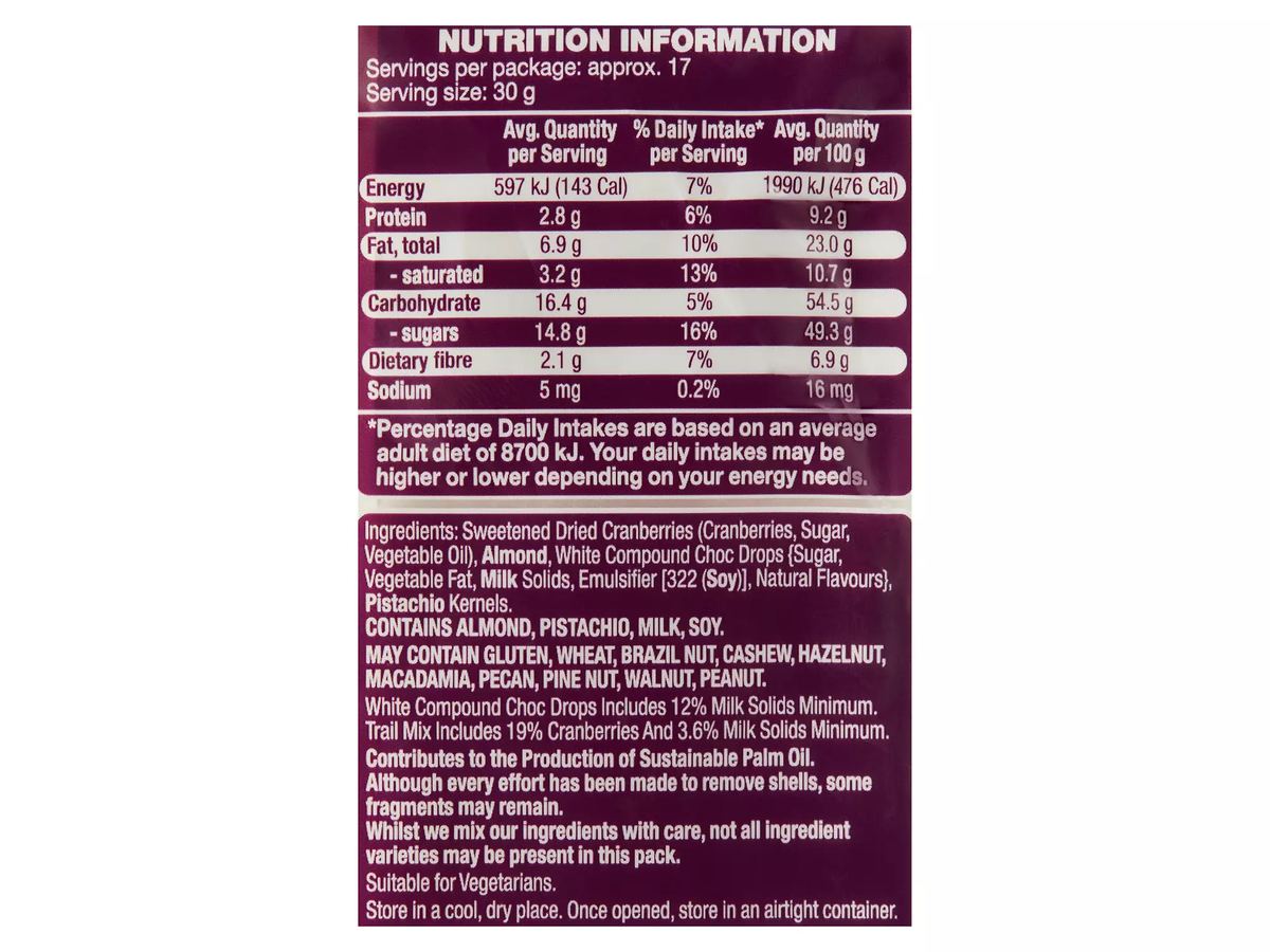 Pack photograph of FORRESTERS Trail Mix 500g showing the printed nutrition panel