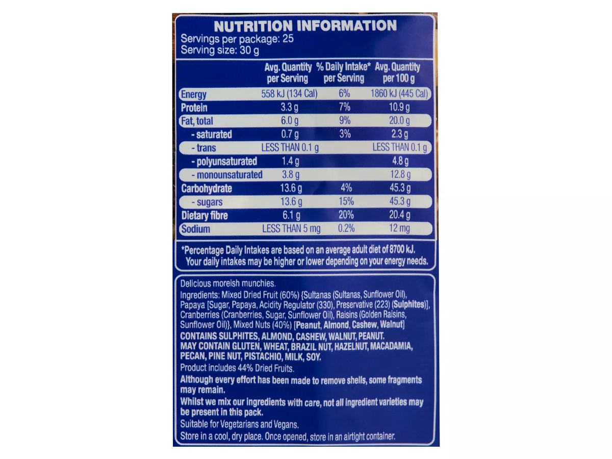Pack photograph of FORRESTERS Premium Fruit & Nut Mix 750g showing the printed nutrition panel