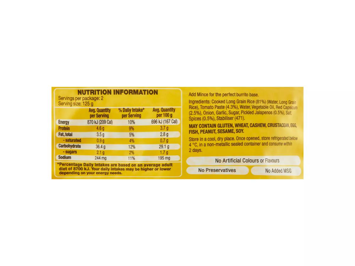 Pack photograph of IMPERIAL GRAIN Microwave Rice Pouch Mexican 250g showing the printed nutrition panel