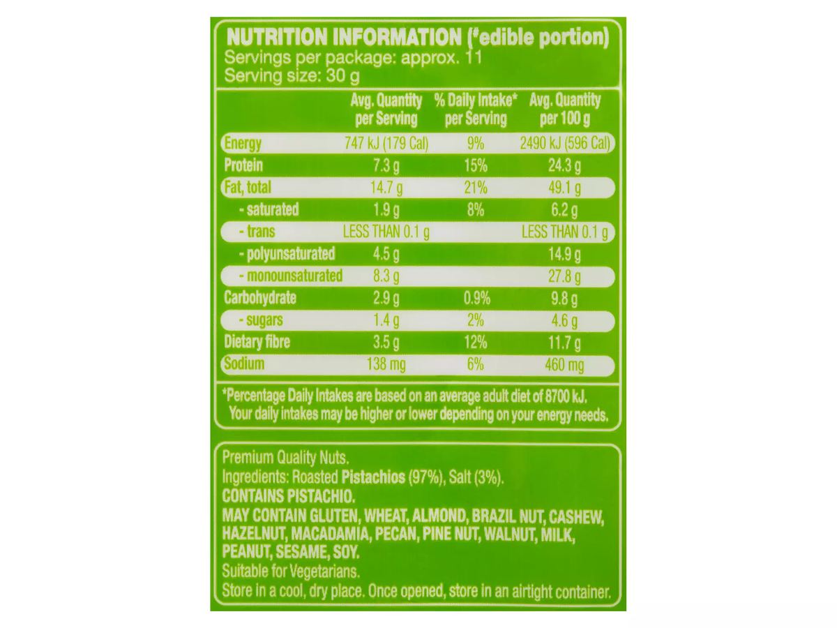 Pack photograph of FORRESTERS Roasted & Salted Pistachios 600g showing the printed nutrition panel