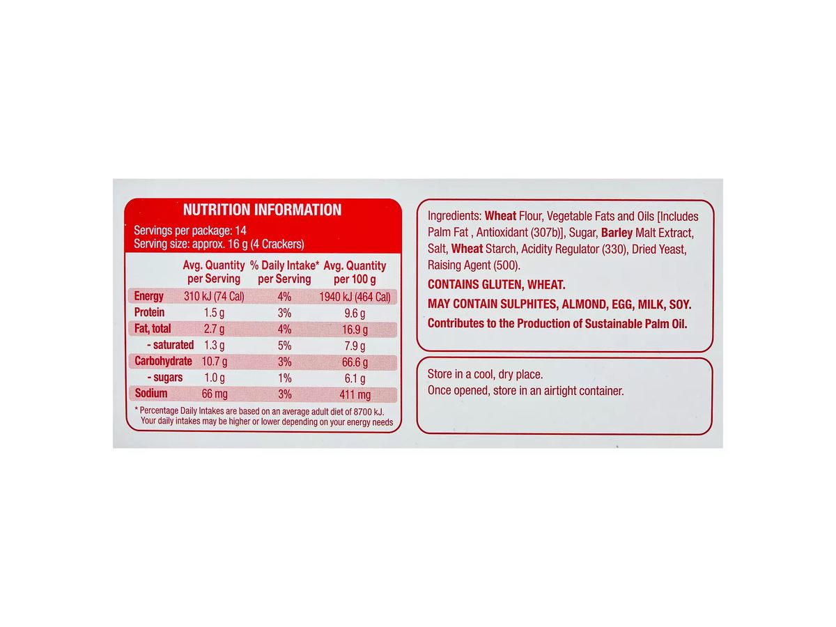 Pack photograph of DAMORA Eton Original Crackers 225g showing the printed nutrition panel