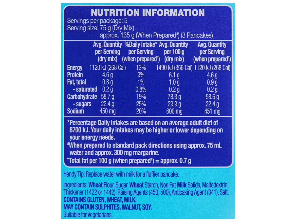 Pack photograph of WHITE MILL Original Pancake Mix & Shake 375g showing the printed nutrition panel