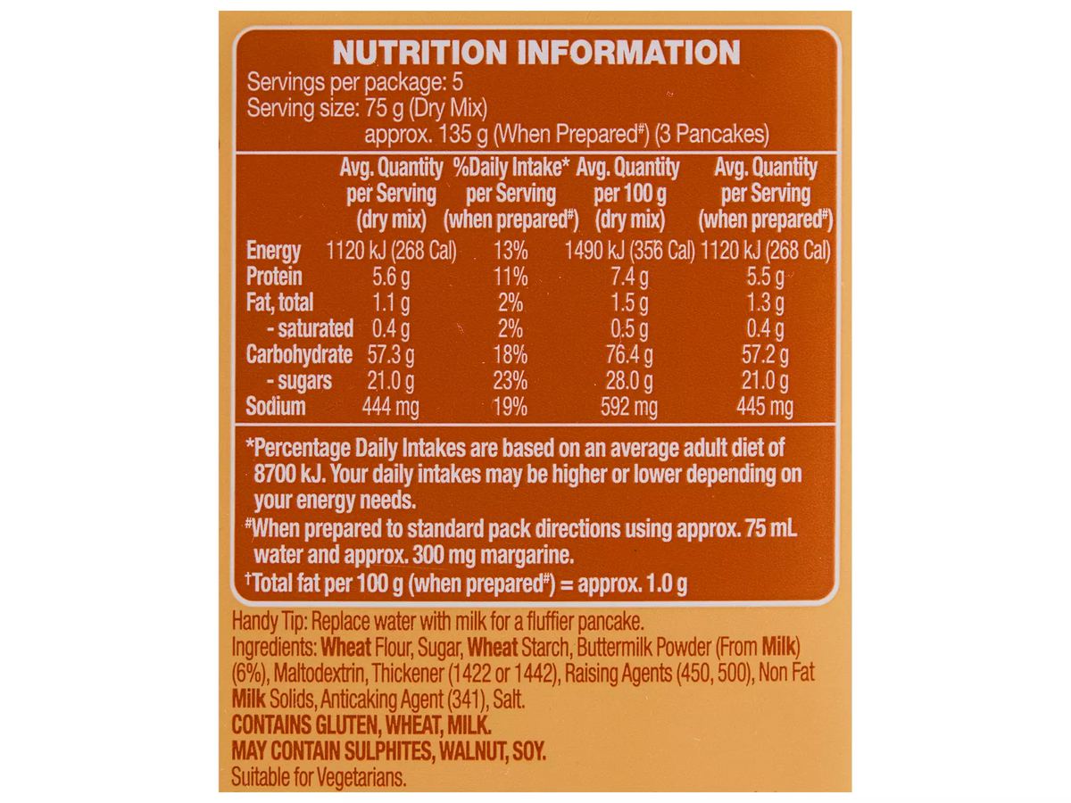 Pack photograph of WHITE MILL Buttermilk Pancake Mix & Shake 375g showing the printed nutrition panel