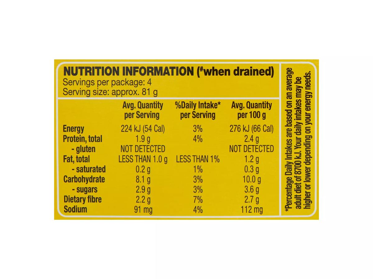 Pack photograph of NEW SEASON Corn Kernels 4 x 125g showing the printed nutrition panel
