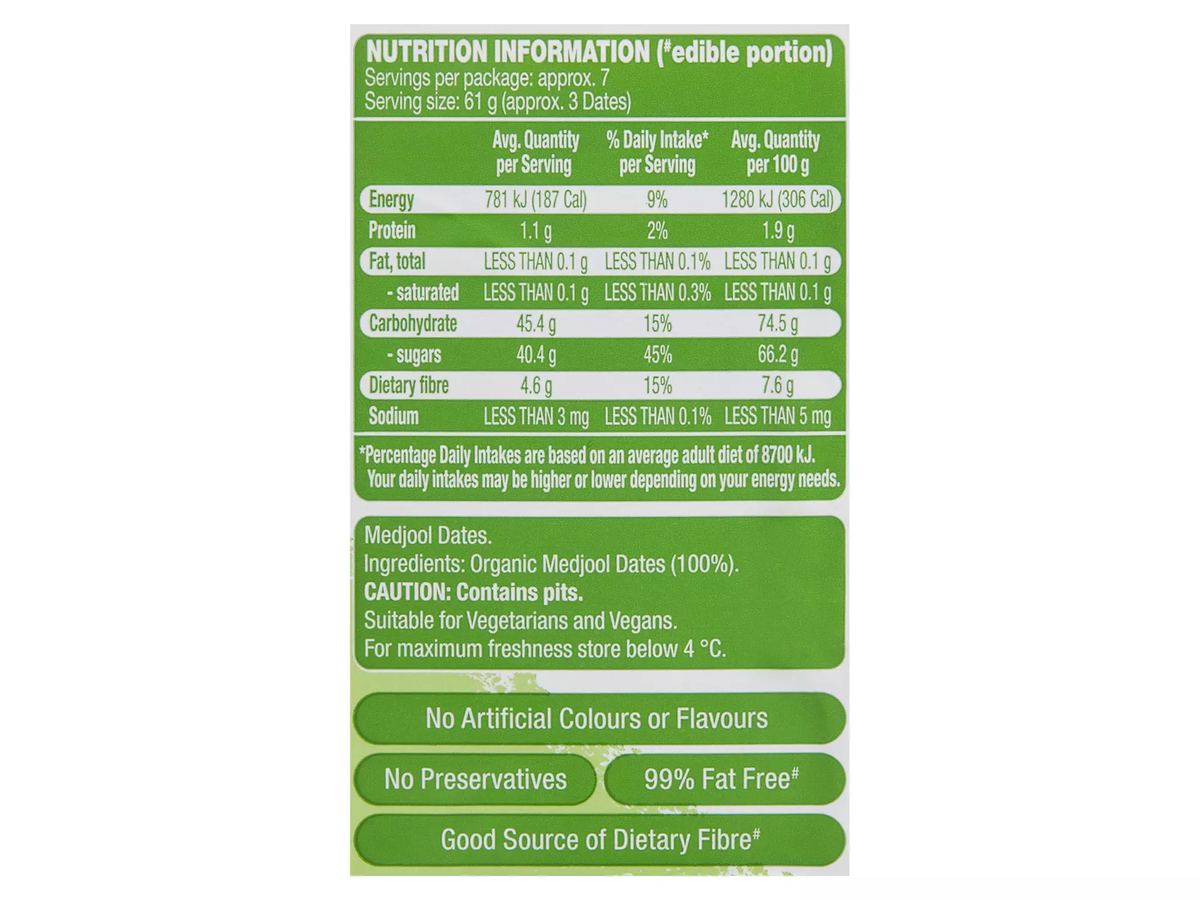 Pack photograph of OH SO NATURAL ORGANIC Organic Medjool Dates 454g showing the printed nutrition panel