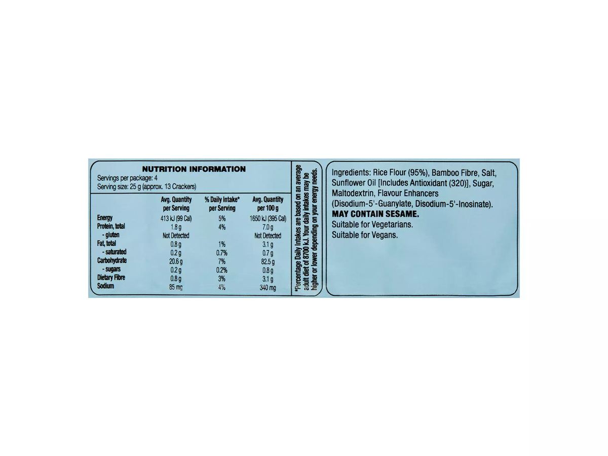 Pack photograph of DAMORA Rice Crackers Original 100g showing the printed nutrition panel