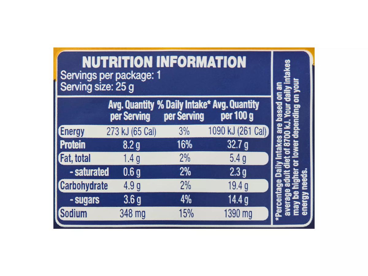Pack photograph of HYDALE Original Beef Jerky 25g showing the printed nutrition panel