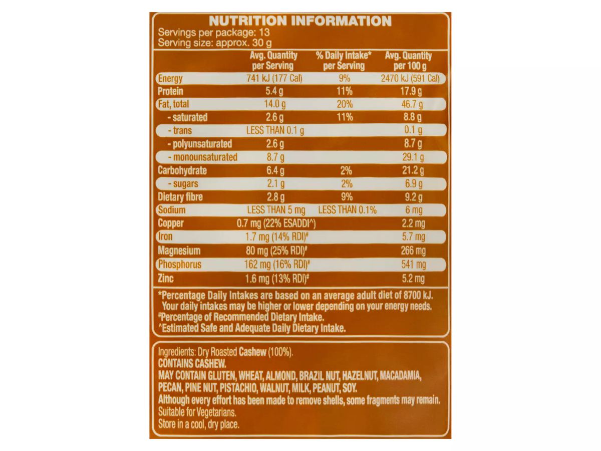 Pack photograph of FORRESTERS Dry Roasted Cashews 400g showing the printed nutrition panel