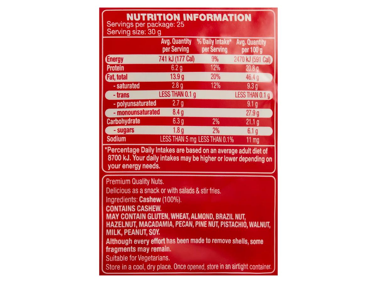Pack photograph of FORRESTERS Natural Cashews 750g showing the printed nutrition panel