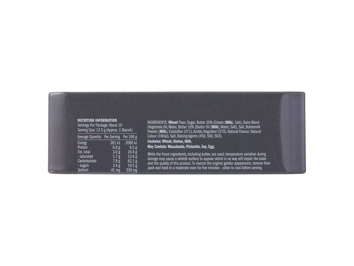 Pack photograph of BISKO BAKEHOUSE Shortbread Car Tin 125g showing the printed nutrition panel