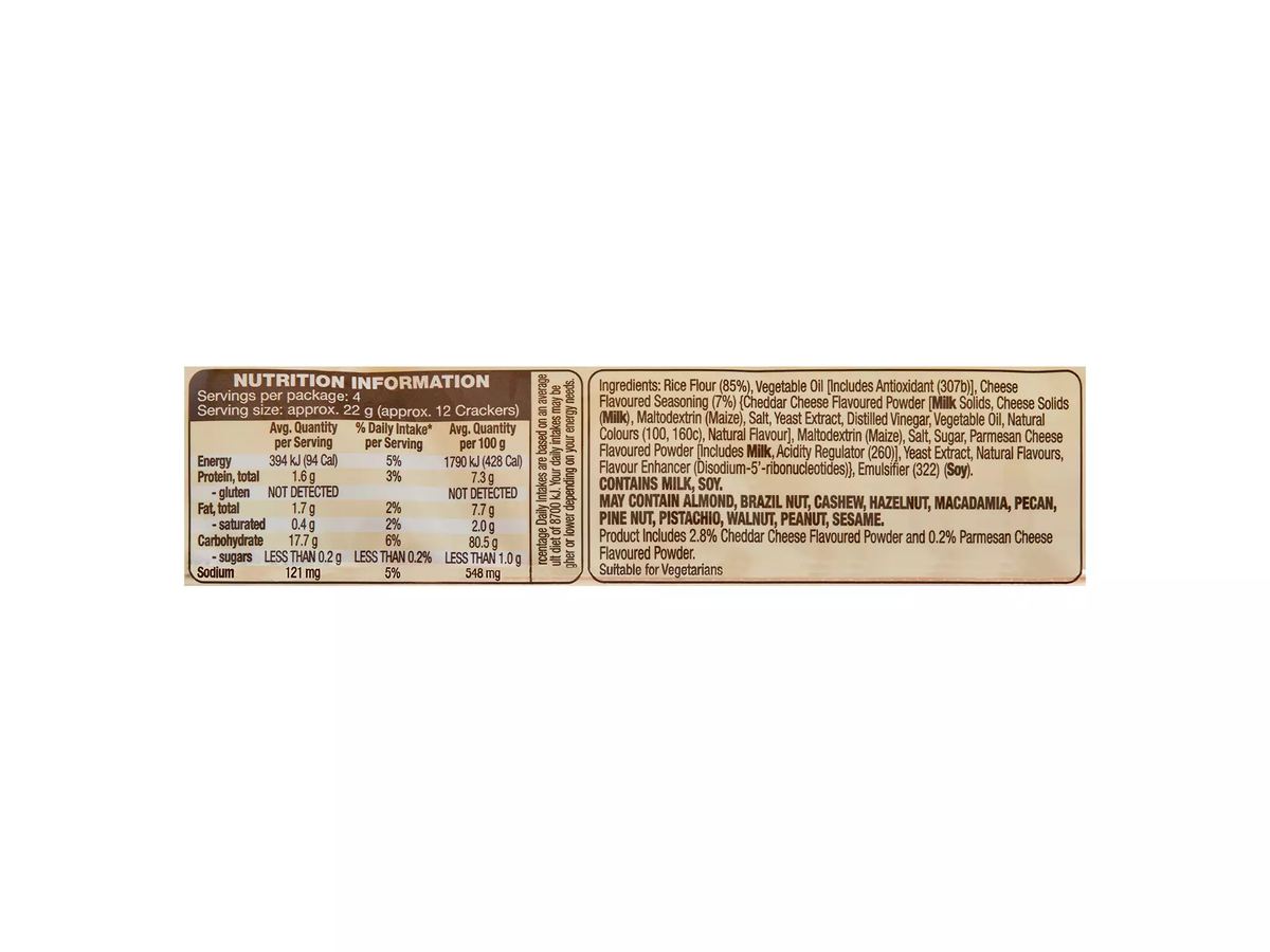 Pack photograph of DAMORA Thin & Crispy Cheese Flavoured Rice Crackers 90g showing the printed nutrition panel