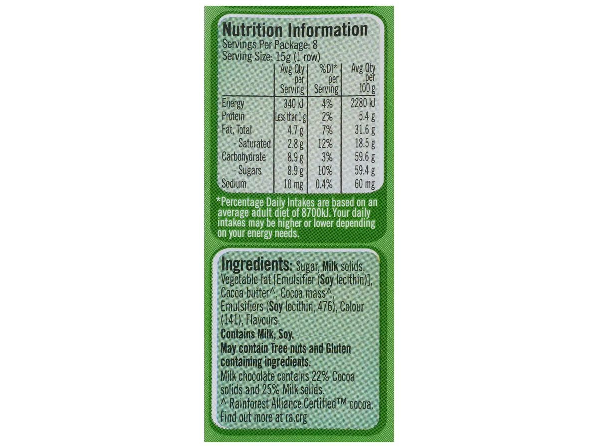 Pack photograph of NESTLE Aero Mint Block 118g showing the printed nutrition panel
