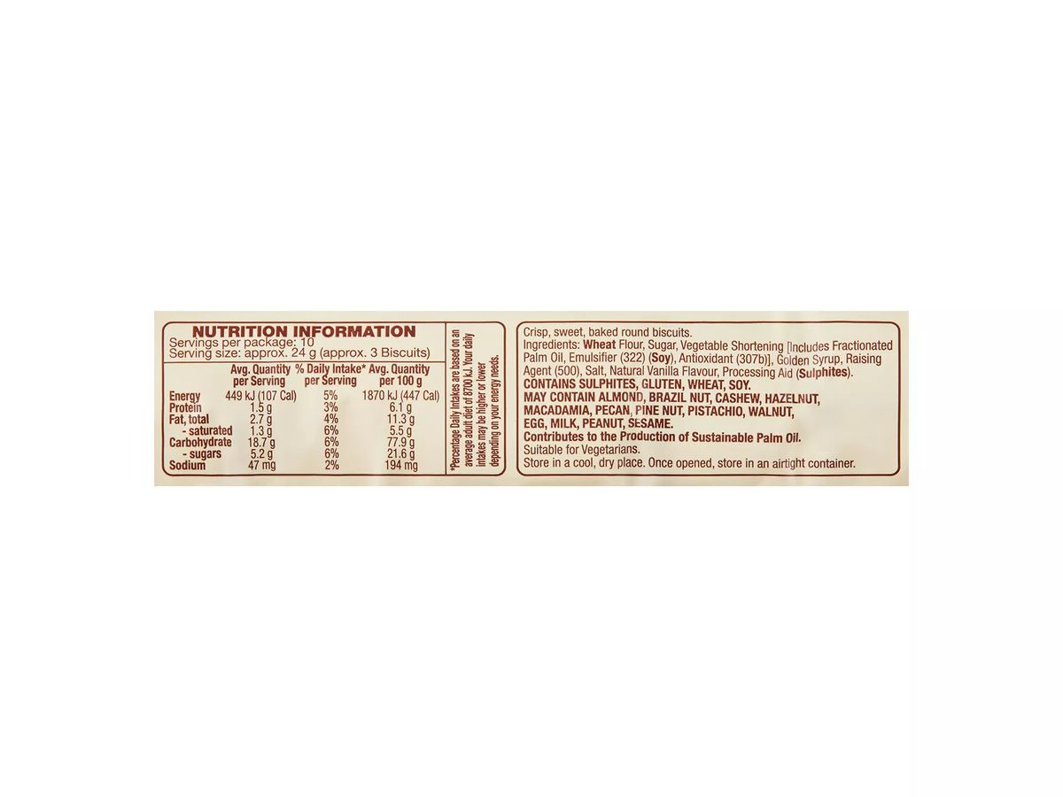 Pack photograph of BELMONT BISCUIT CO. Maria Biscuits 250g showing the printed nutrition panel