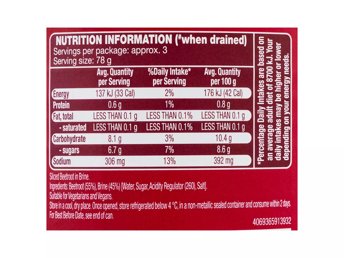 Pack photograph of NEW SEASON Sliced Beetroot 425g showing the printed nutrition panel