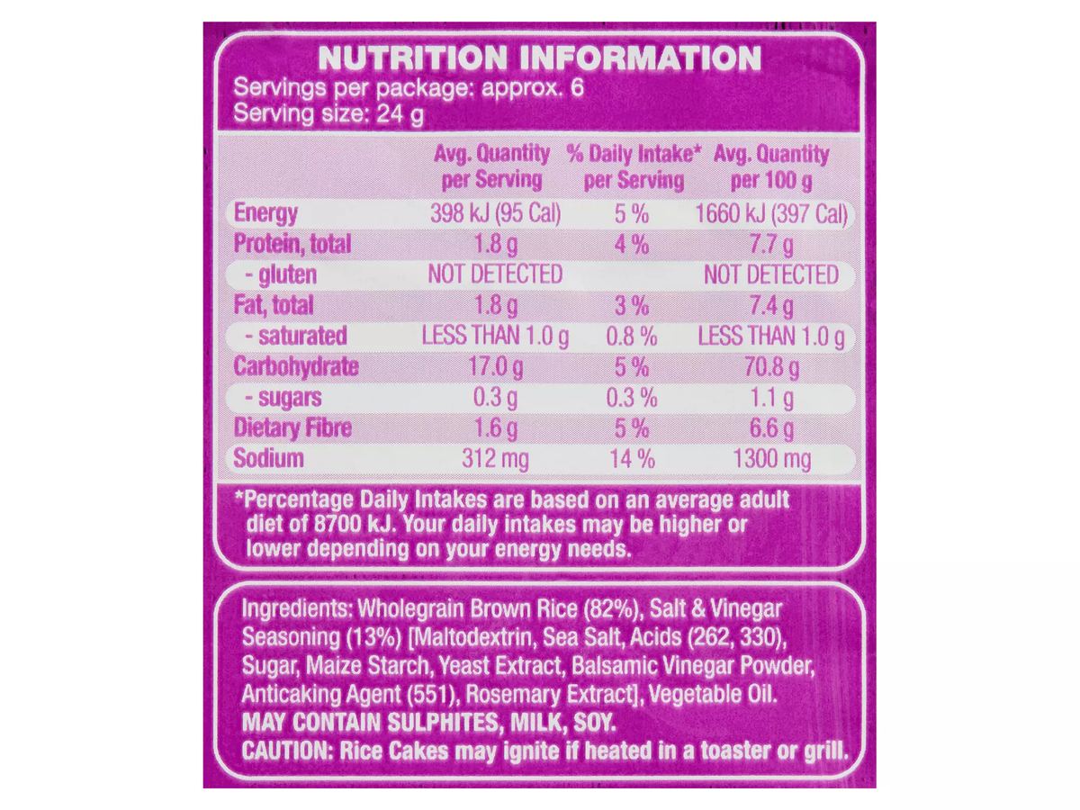 Pack photograph of DAMORA Sea Salt & Balsamic Vinegar Flavoured Rice Cakes 160g showing the printed nutrition panel