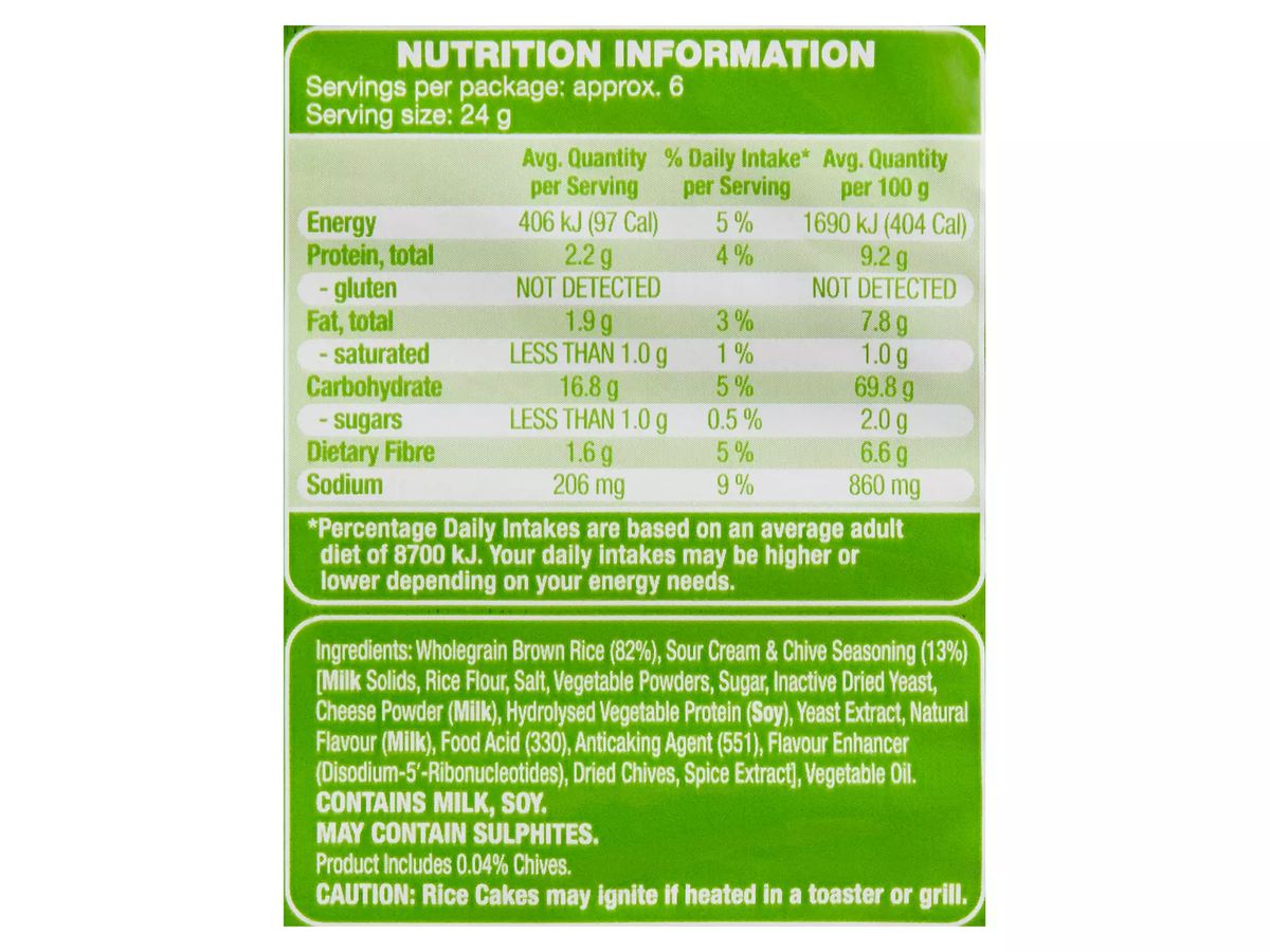 Pack photograph of DAMORA Sour Cream & Cives Flavoured Rice Cakes 160g showing the printed nutrition panel