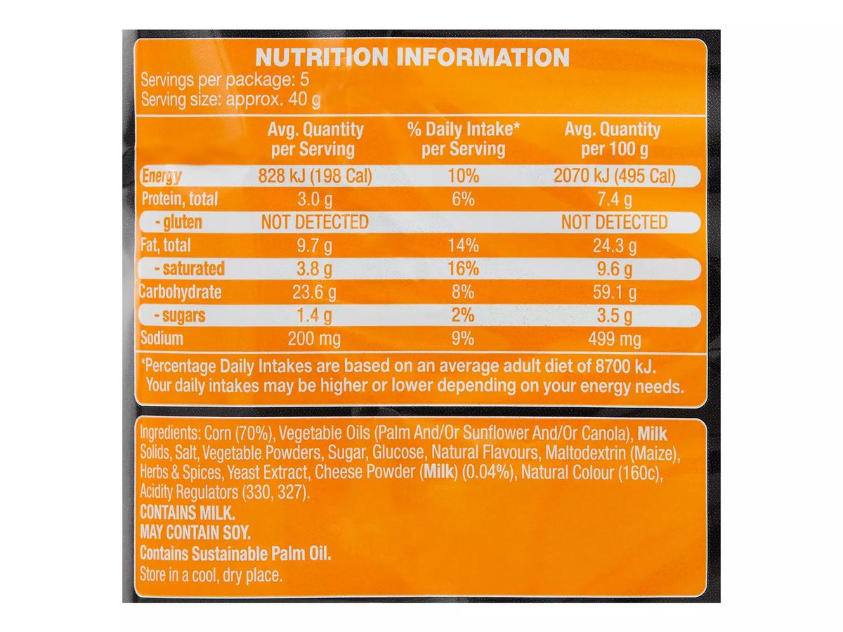 Pack photograph of SPRINTERS Corn Chips Nacho Cheese 200g showing the printed nutrition panel