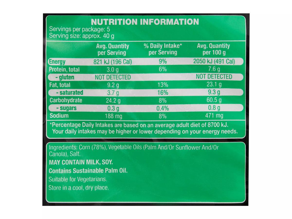 Pack photograph of SPRINTERS Corn Chips Toasted 200g showing the printed nutrition panel