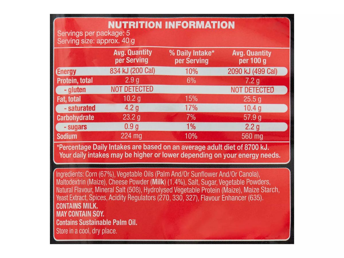 Pack photograph of SPRINTERS Corn Chips Cheese Extreme 200g showing the printed nutrition panel