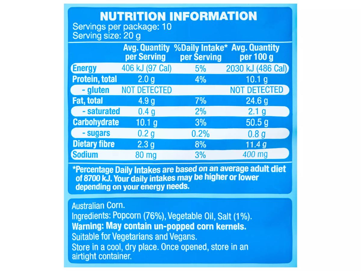 Pack photograph of SPRINTERS Salted Popcorn Multipack 10 Pack 200g showing the printed nutrition panel