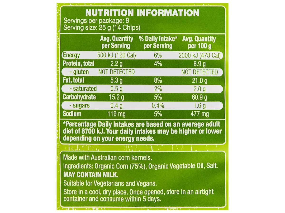 Pack photograph of OH SO NATURAL ORGANIC Organic Corn Chips 200g showing the printed nutrition panel