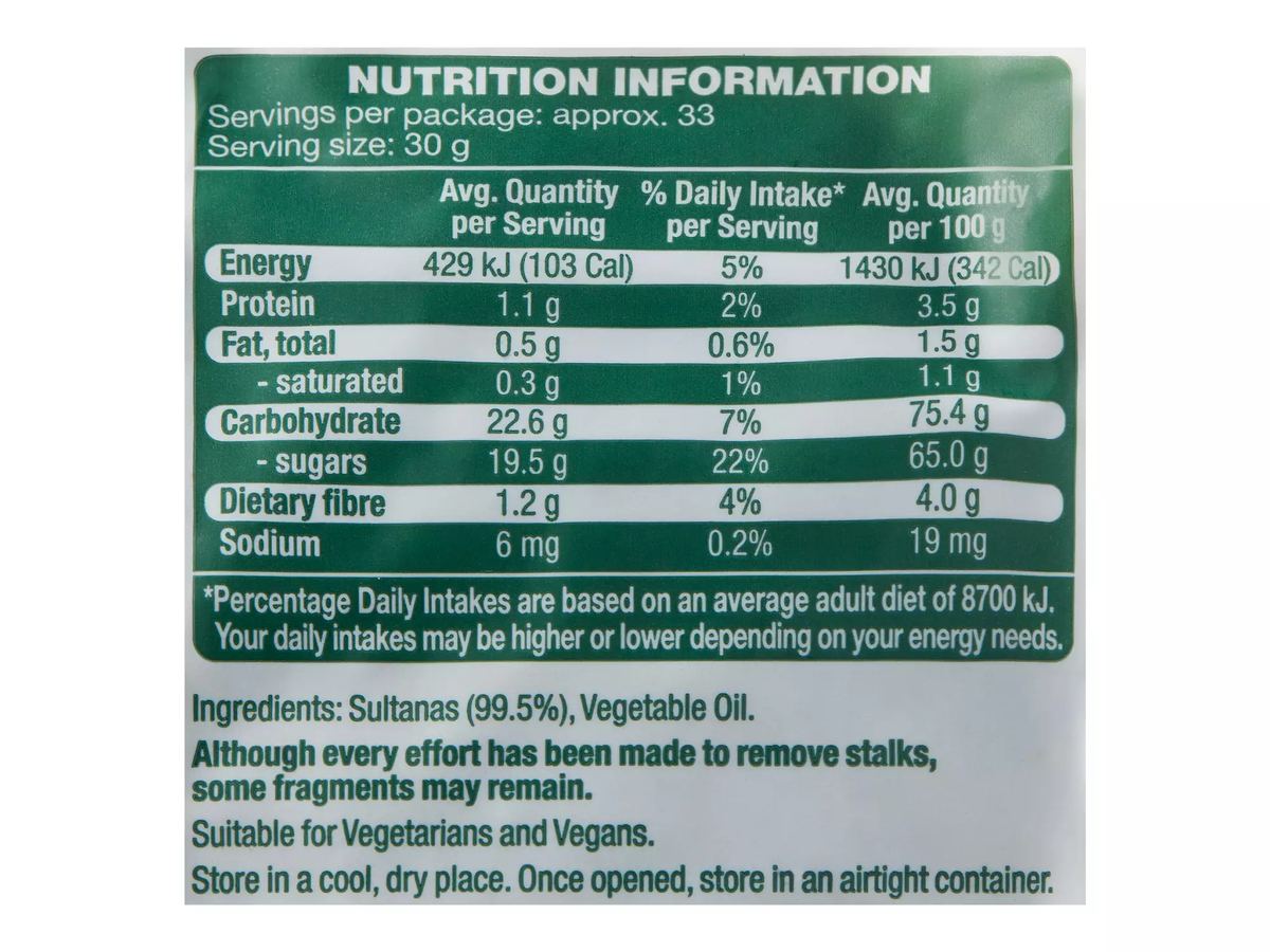 Pack photograph of SWEET VINE Sultanas 1kg showing the printed nutrition panel