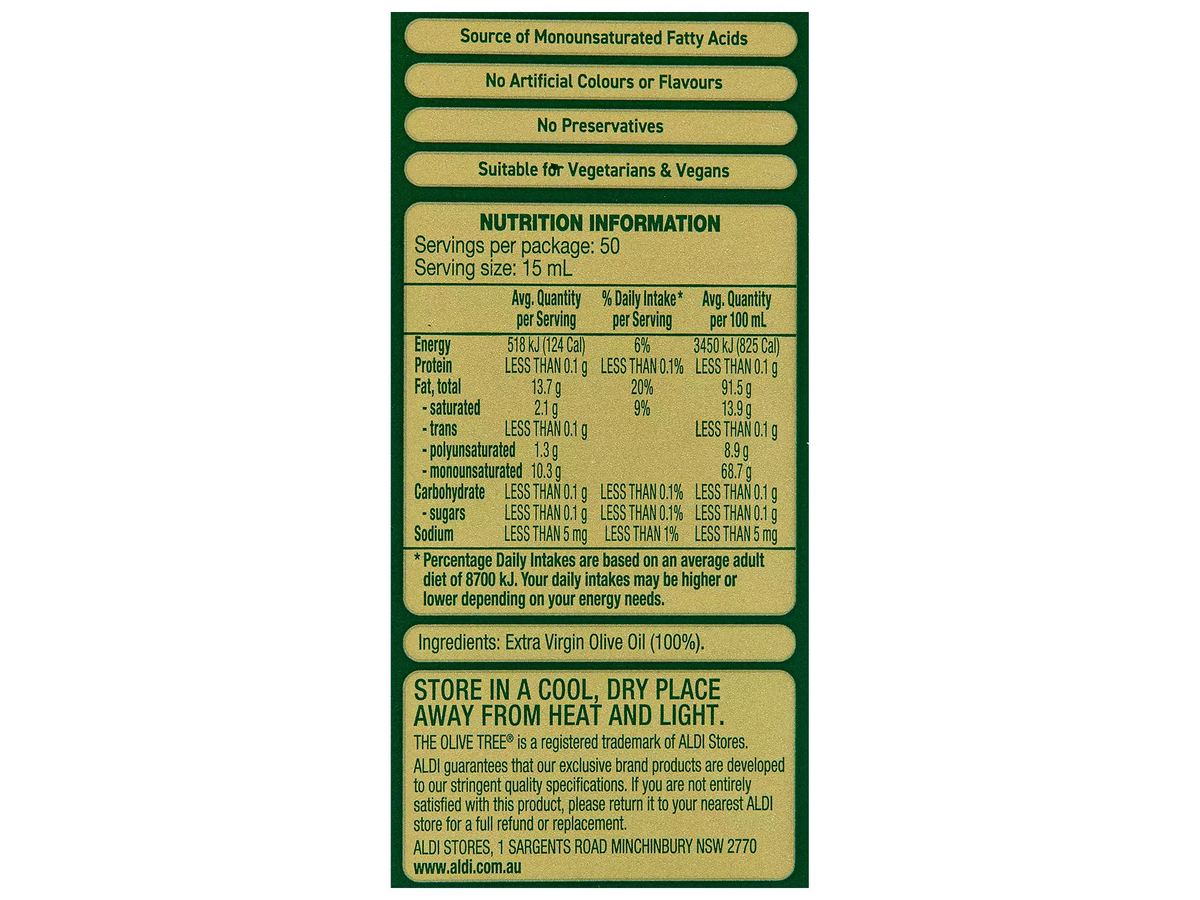 Pack photograph of THE OLIVE TREE Australian Extra Virgin Olive Oil 750ml showing the printed nutrition panel