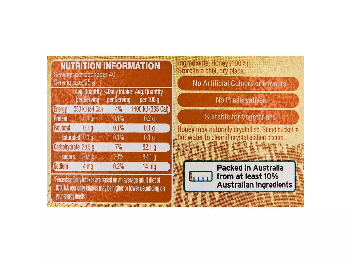 Pack photograph of BRAMWELLS Mixed Blossom Honey 1kg showing the printed nutrition panel