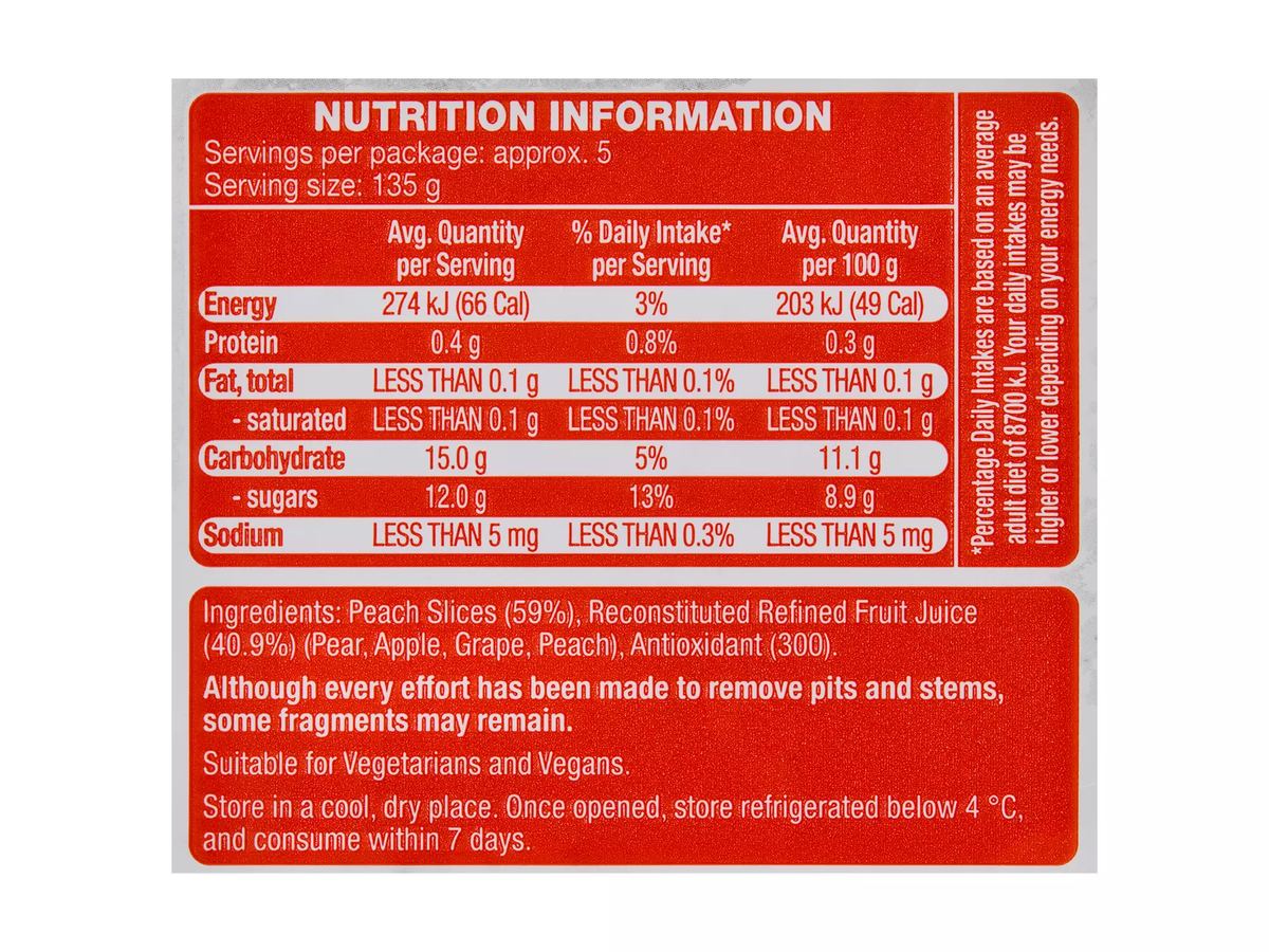Pack photograph of SWEET VALLEY Peach Sliced In Juice 700g showing the printed nutrition panel