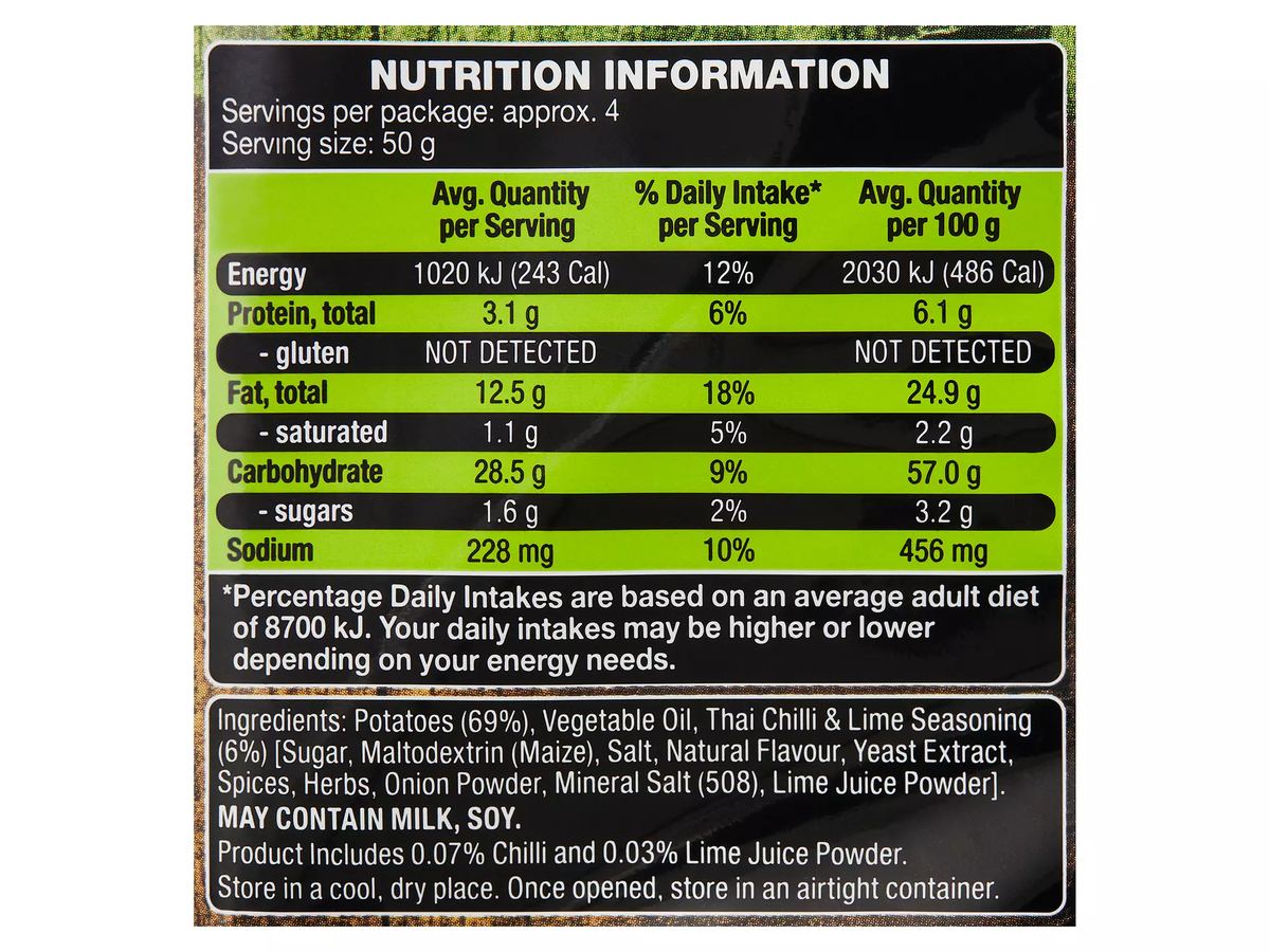Pack photograph of BLACKSTONE GOURMET SNACK CO. Thai Chilli & Lime Extra Crunch Flavoured Deli Style Potato Chips 175g showing the printed nutrition panel