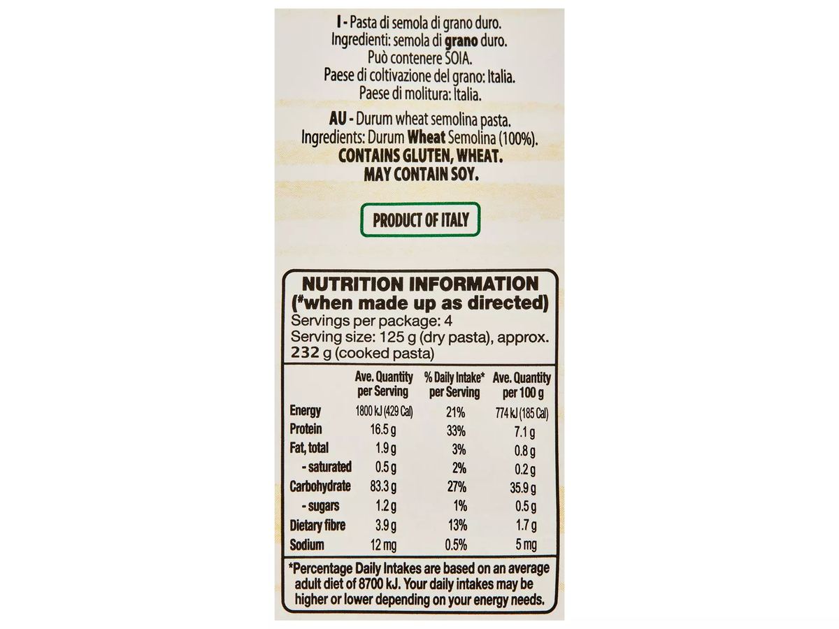 Pack photograph of ARMANDO Rigatoni Pasta 500g showing the printed nutrition panel