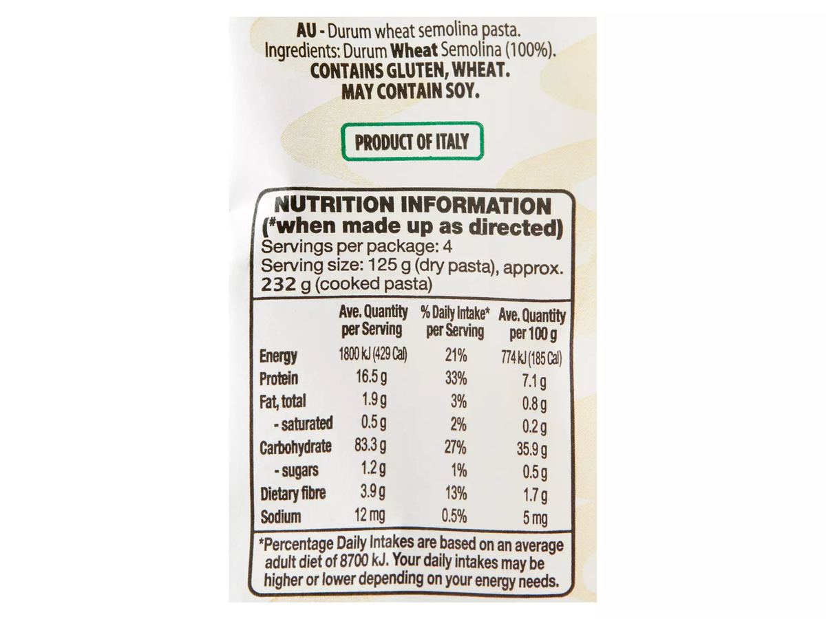Pack photograph of ARMANDO Fusilli Spirals 500g showing the printed nutrition panel