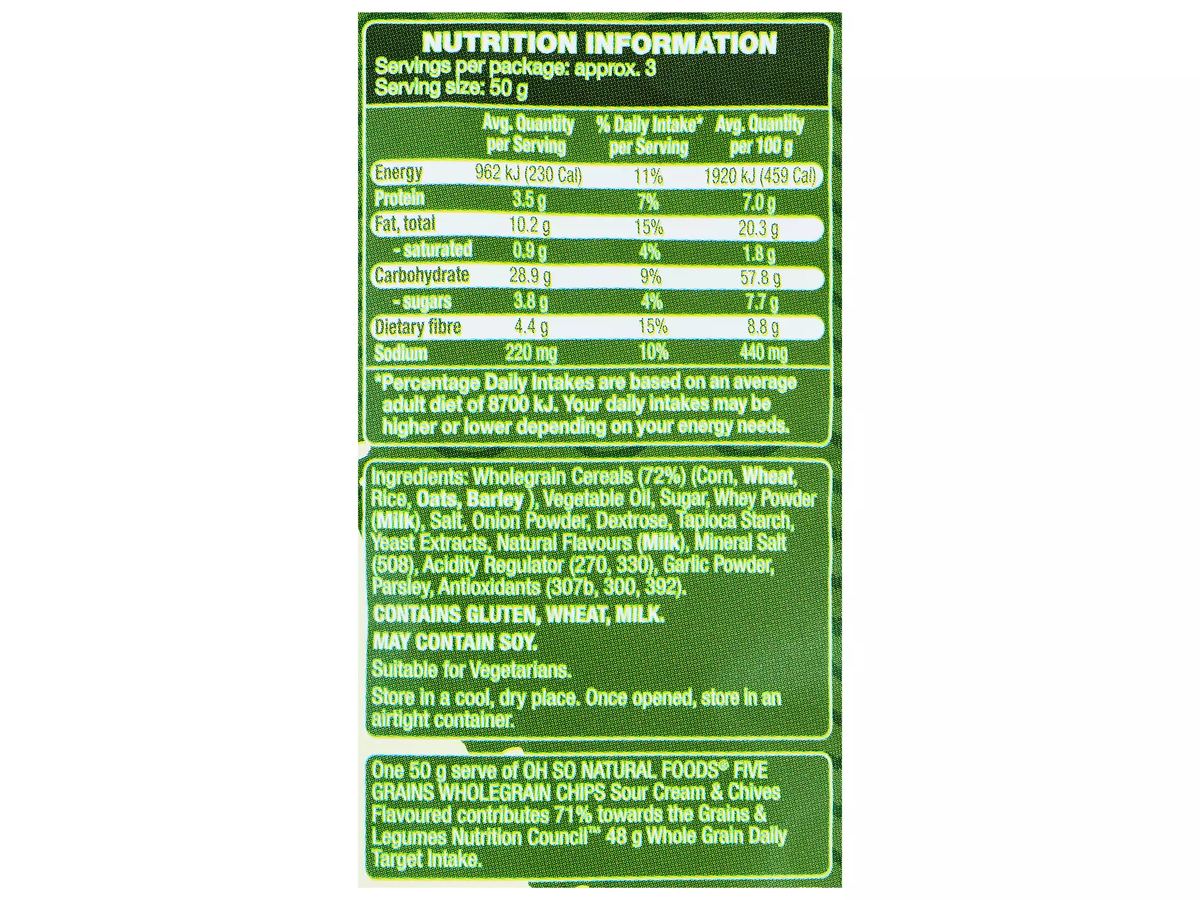 Pack photograph of OH SO NATURAL FOODS 5 Grains Wholegrain Chips - Sour Cream & Chives Flavoured 175g showing the printed nutrition panel