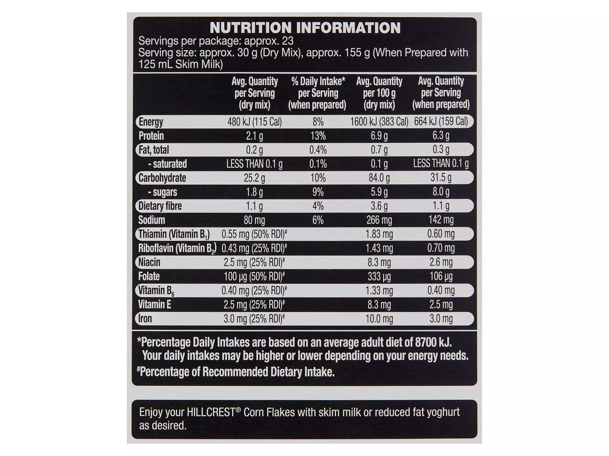 Pack photograph of HILLCREST Corn Flakes 700g showing the printed nutrition panel