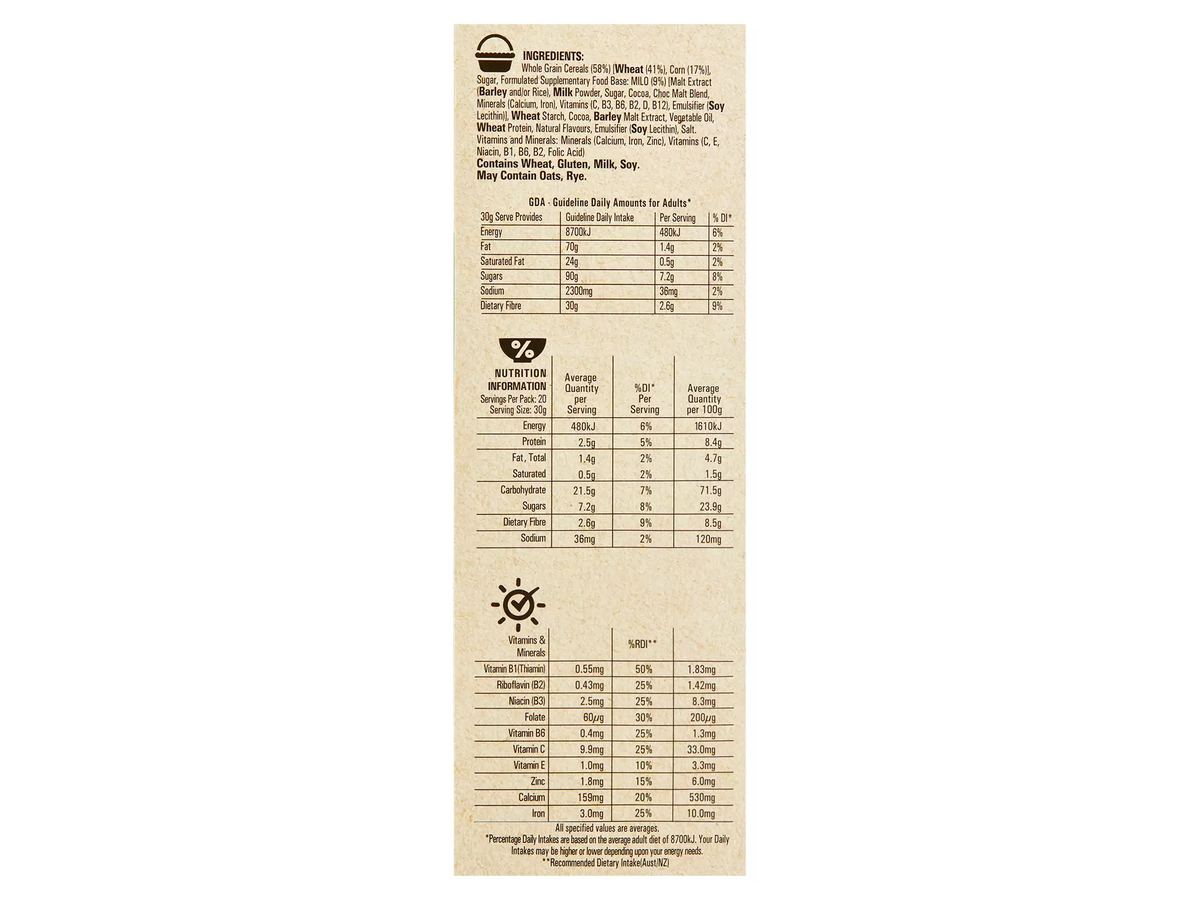 Pack photograph of NESTLE Milo Cereal 620g showing the printed nutrition panel