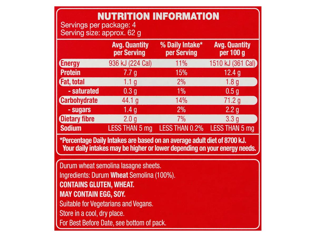 Pack photograph of REMANO Lasagne Pasta Sheets 250g showing the printed nutrition panel